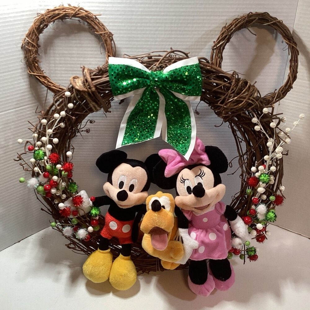 Mickey Minnie Pluto Christmas Wicker Wreath w/ Ears Holiday Door Xmas Decor